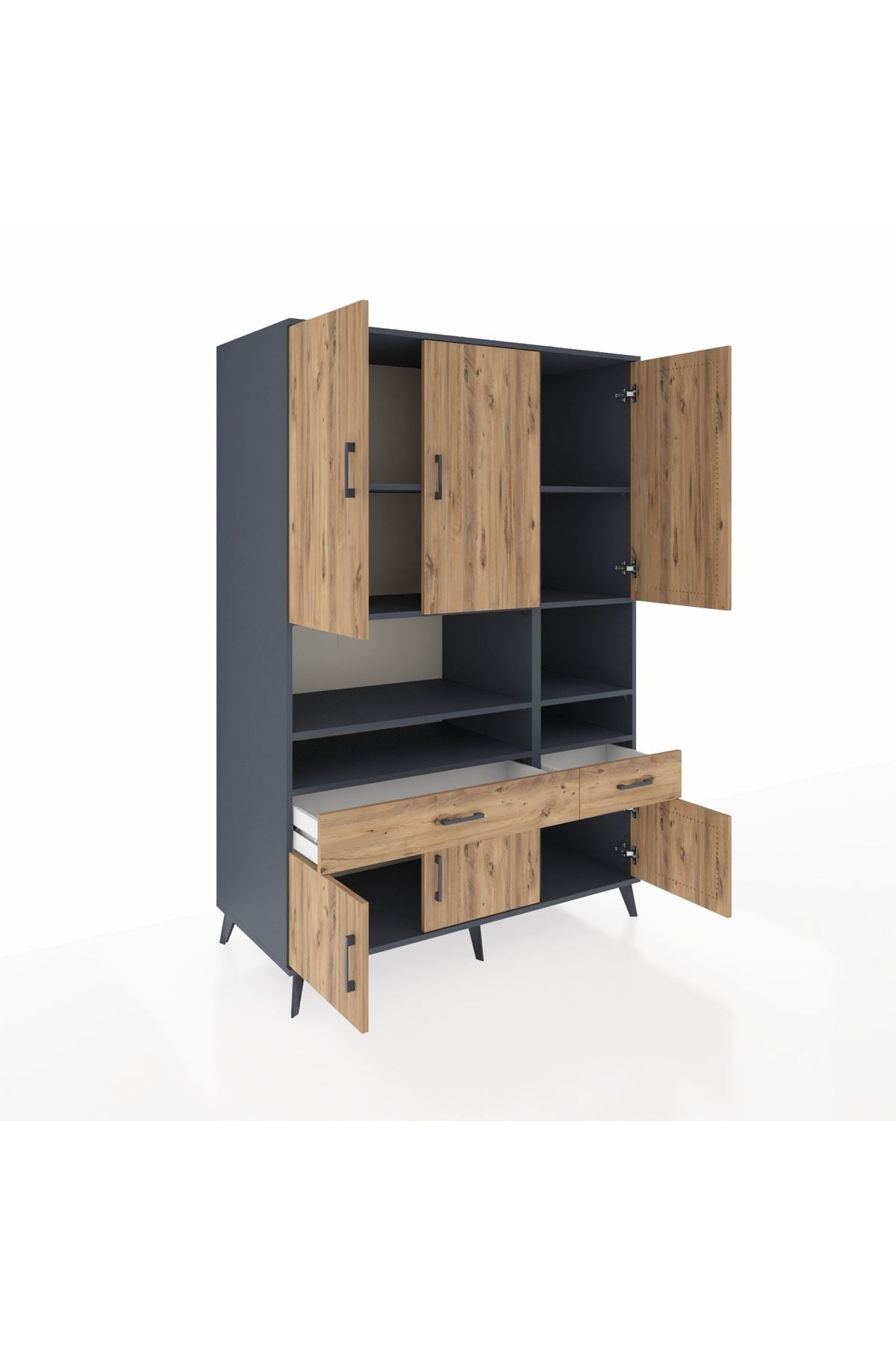 Kronos Dolap 8 Raflı 2 Çekmeceli 6 Kapaklı 132x59x195 Antrasit-Çam/Çam