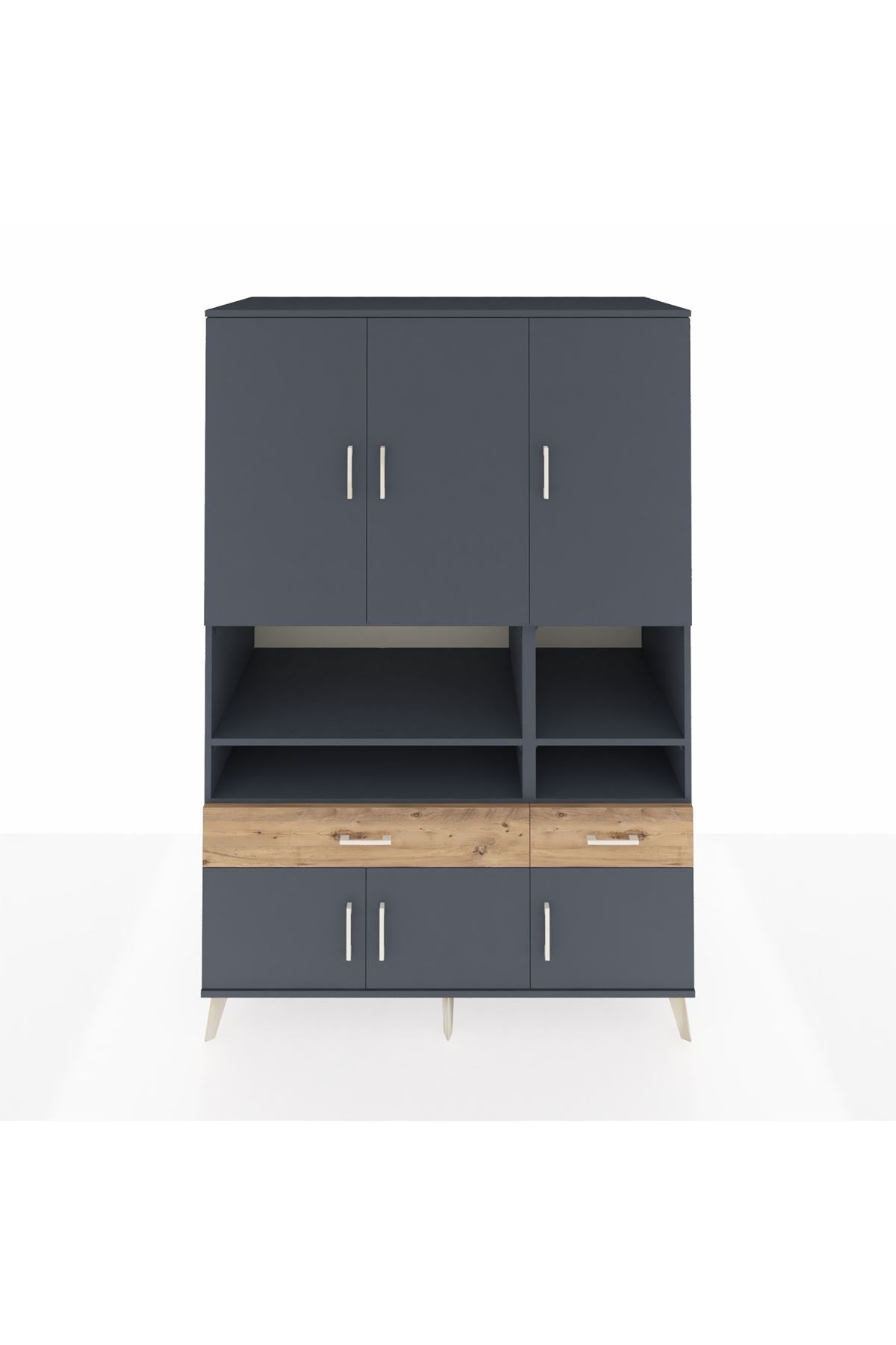 Kronos Dolap 8 Raflı 2 Çekmeceli 6 Kapaklı 132x59x195 Antrasit-Antrasit/Çam