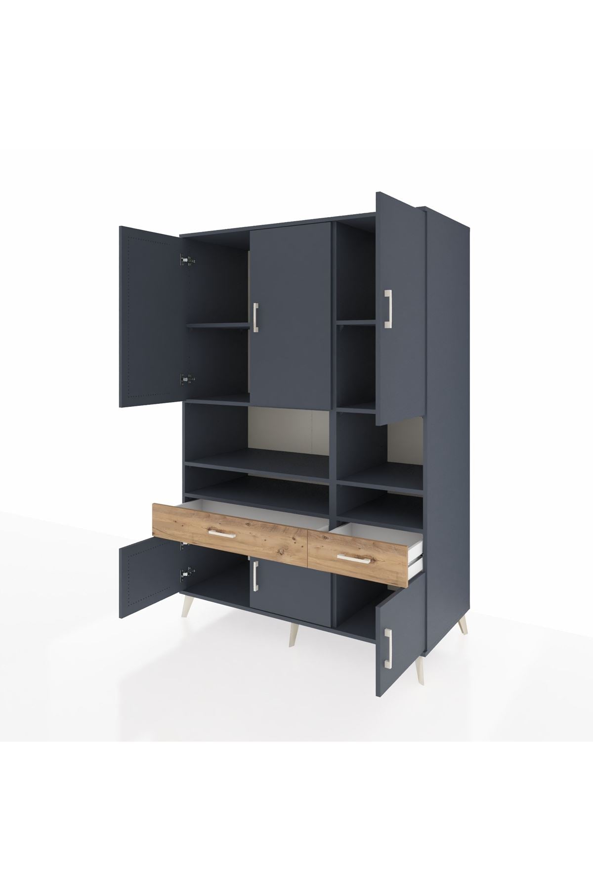 Kronos Dolap 8 Raflı 2 Çekmeceli 6 Kapaklı 132x59x195 Antrasit-Antrasit/Çam