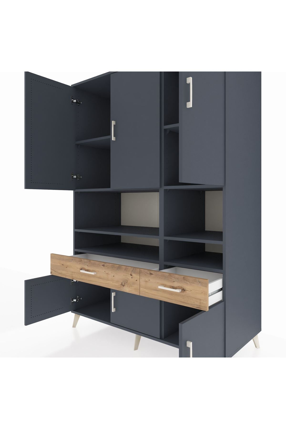 Kronos Dolap 8 Raflı 2 Çekmeceli 6 Kapaklı 132x59x195 Antrasit-Antrasit/Çam