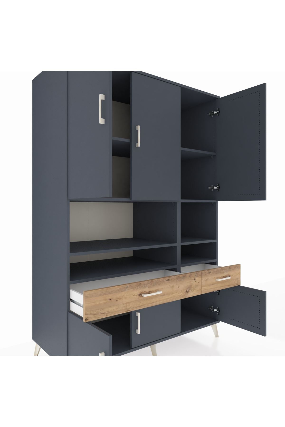 Kronos Dolap 8 Raflı 2 Çekmeceli 6 Kapaklı 132x59x195 Antrasit-Antrasit/Çam