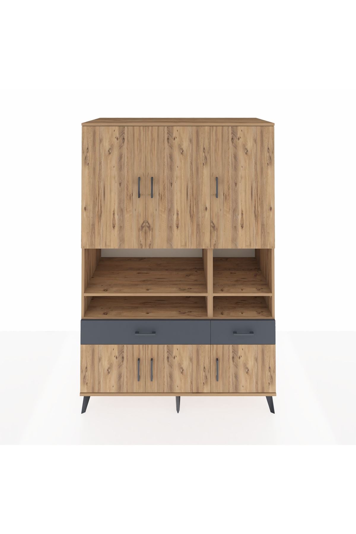 Kronos Dolap 8 Raflı 2 Çekmeceli 6 Kapaklı 132x59x195 Çam-Çam/Antrasit