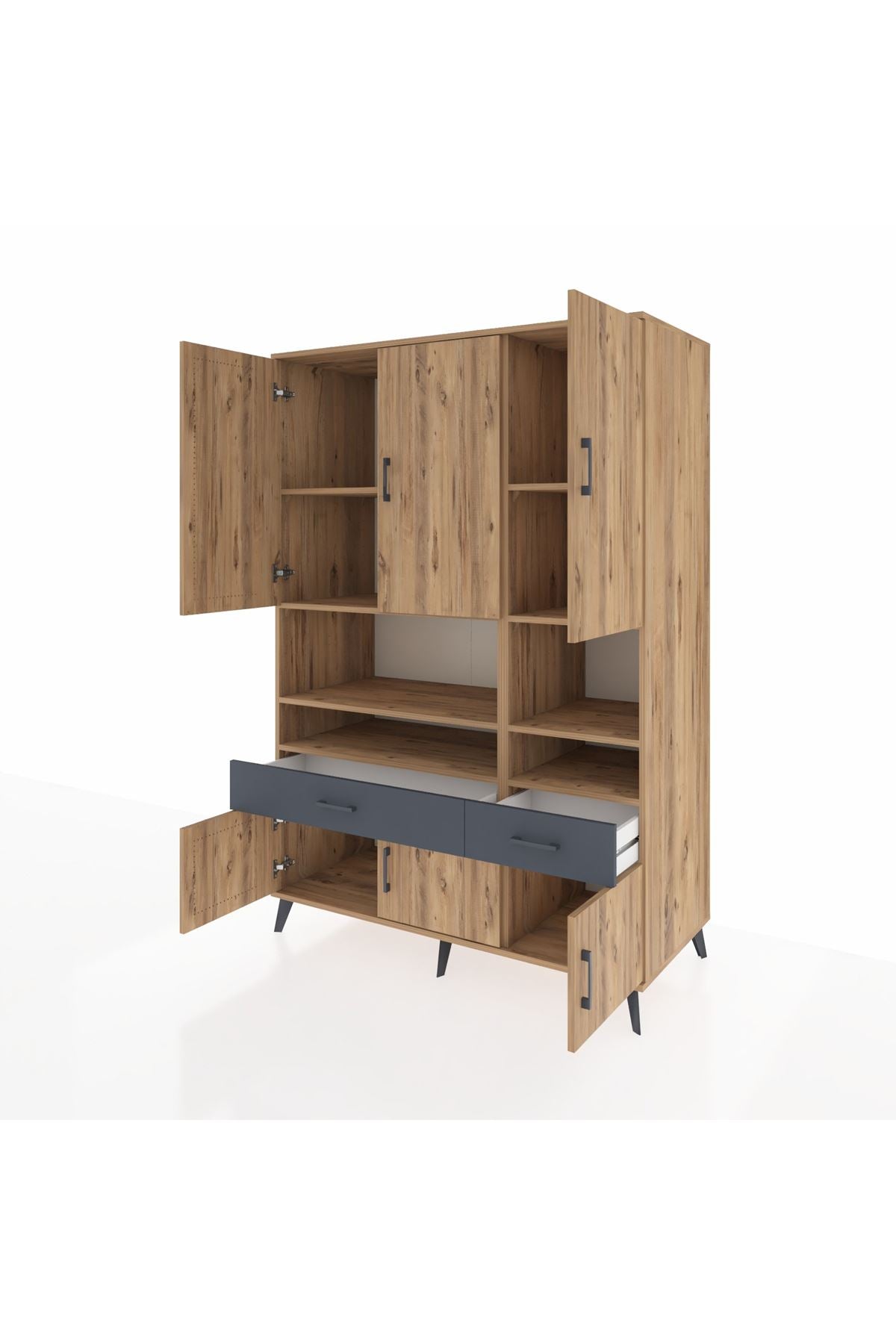 Kronos Dolap 8 Raflı 2 Çekmeceli 6 Kapaklı 132x59x195 Çam-Çam/Antrasit