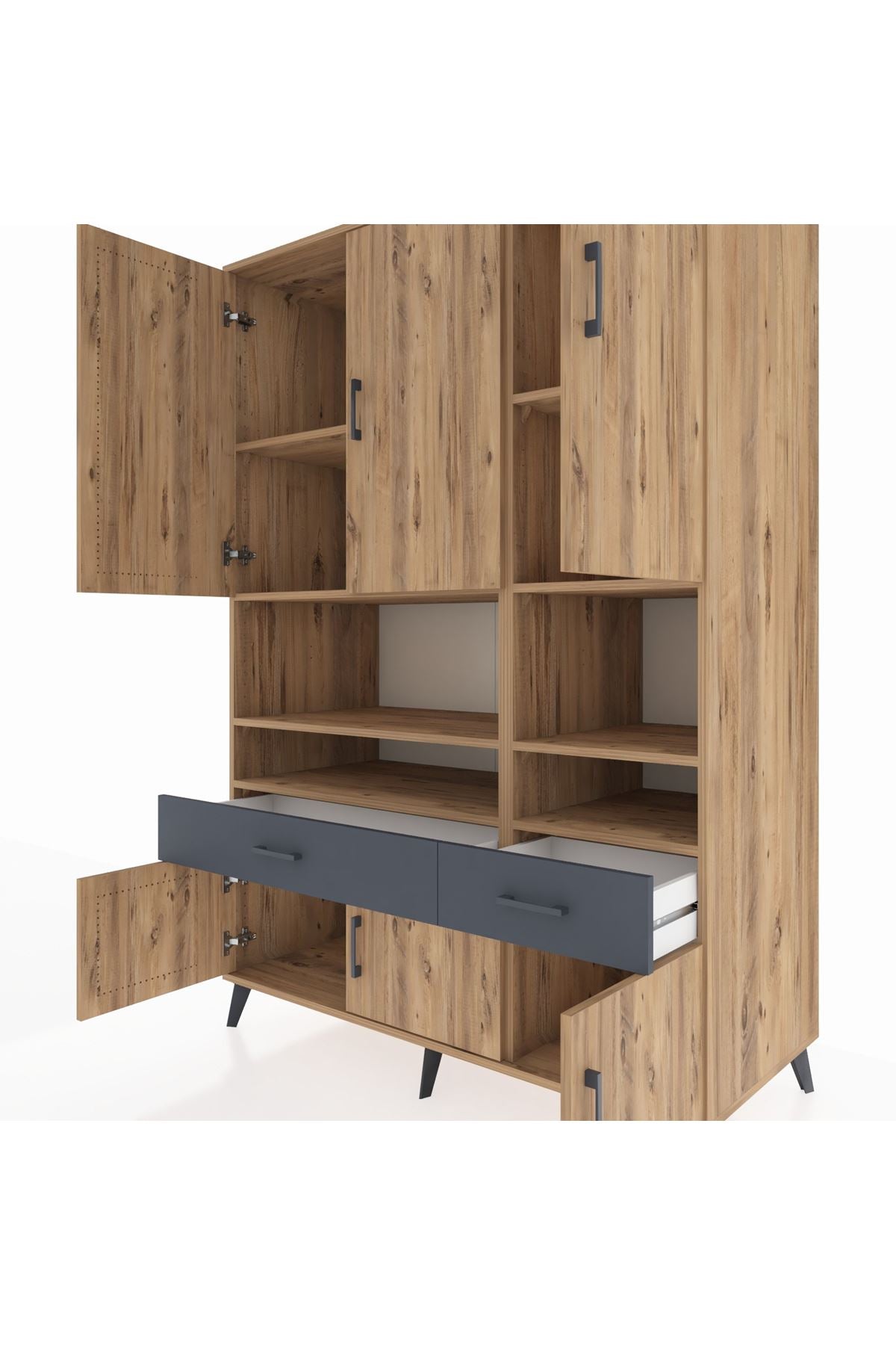 Kronos Dolap 8 Raflı 2 Çekmeceli 6 Kapaklı 132x59x195 Çam-Çam/Antrasit