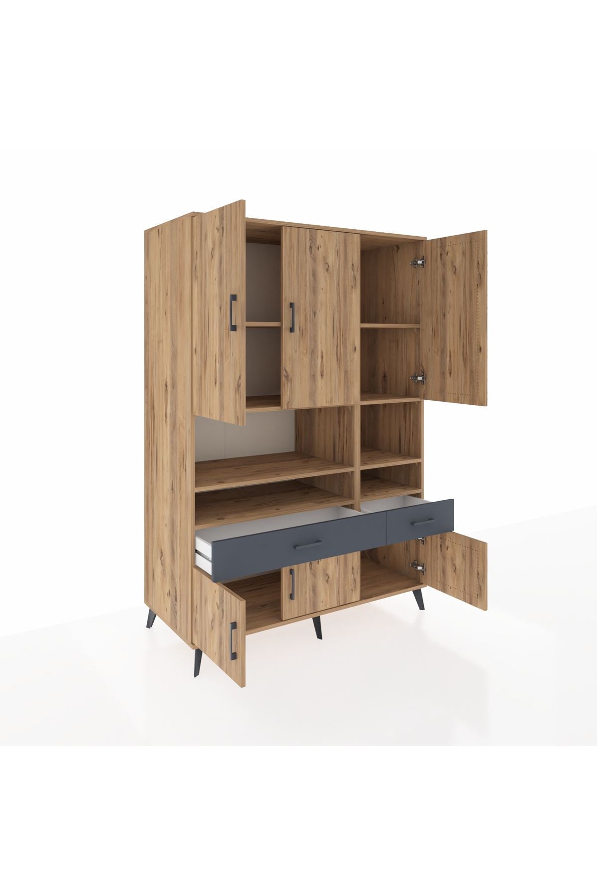 Kronos Dolap 8 Raflı 2 Çekmeceli 6 Kapaklı 132x59x195 Çam-Çam/Antrasit