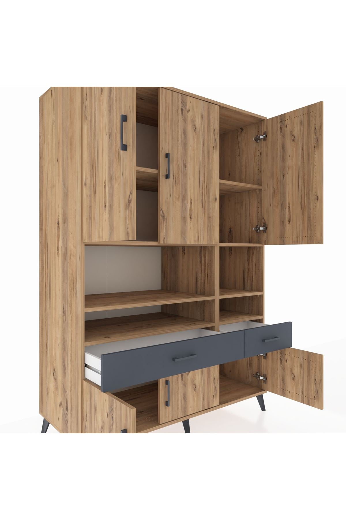 Kronos Dolap 8 Raflı 2 Çekmeceli 6 Kapaklı 132x59x195 Çam-Çam/Antrasit