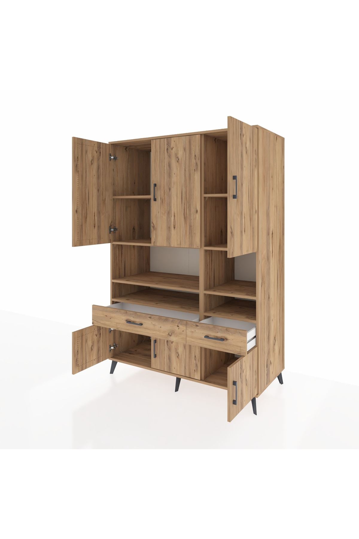 Kronos Dolap 8 Raflı 2 Çekmeceli 6 Kapaklı 132x59x195 Çam-Çam/Çam