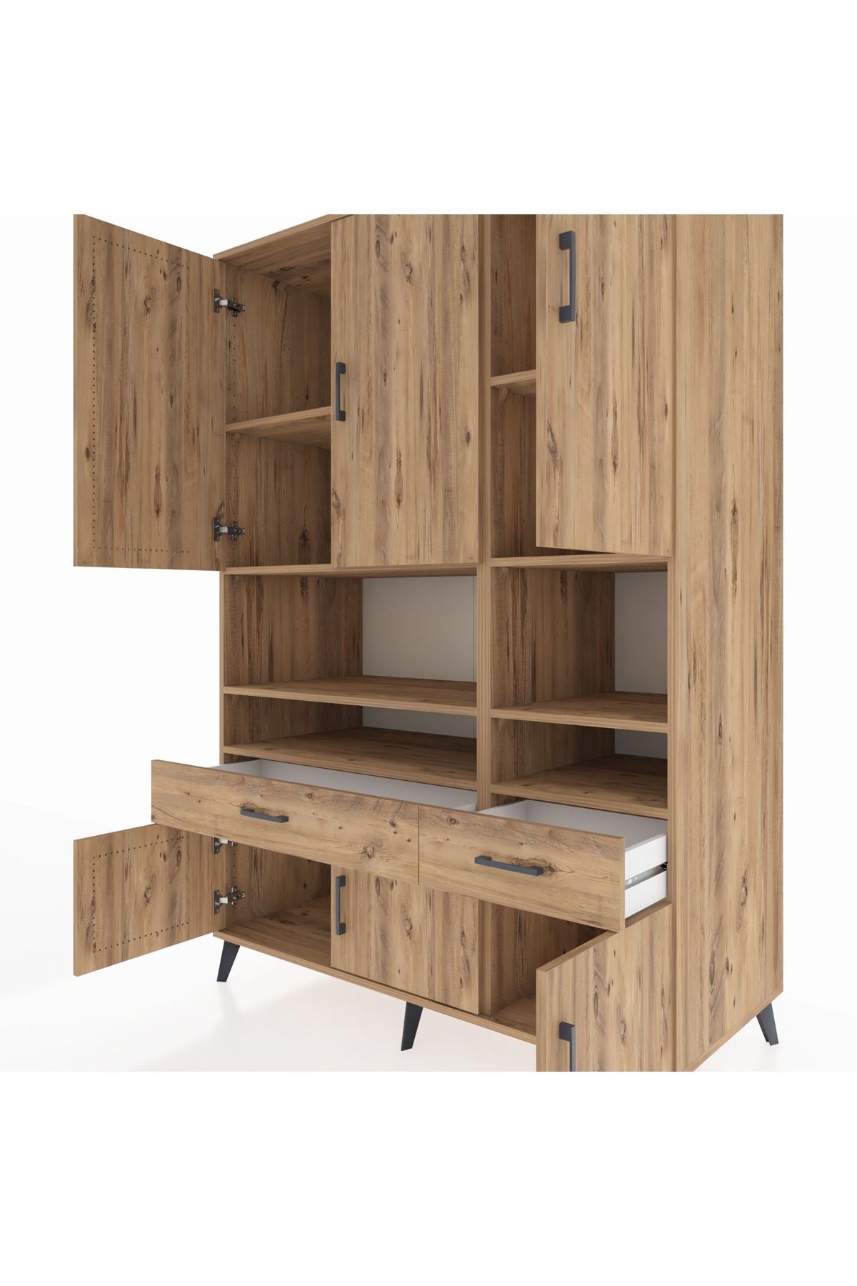 Kronos Dolap 8 Raflı 2 Çekmeceli 6 Kapaklı 132x59x195 Çam-Çam/Çam