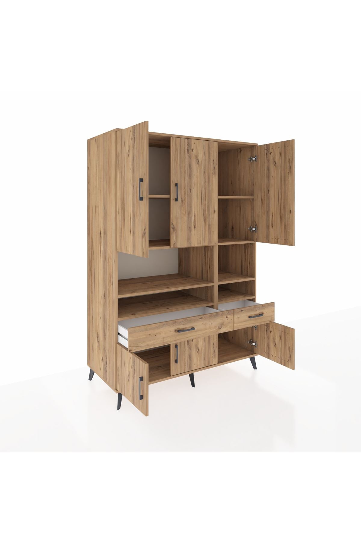 Kronos Dolap 8 Raflı 2 Çekmeceli 6 Kapaklı 132x59x195 Çam-Çam/Çam