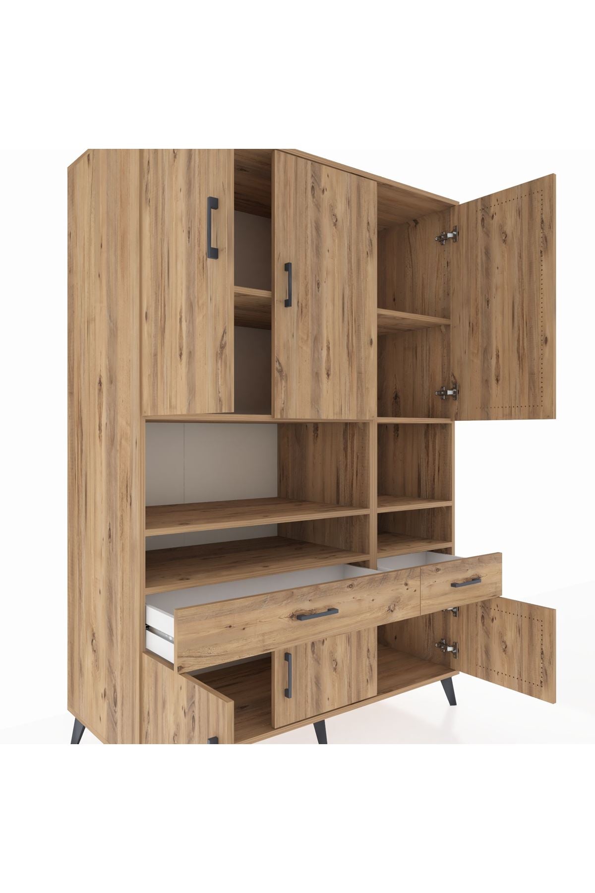 Kronos Dolap 8 Raflı 2 Çekmeceli 6 Kapaklı 132x59x195 Çam-Çam/Çam