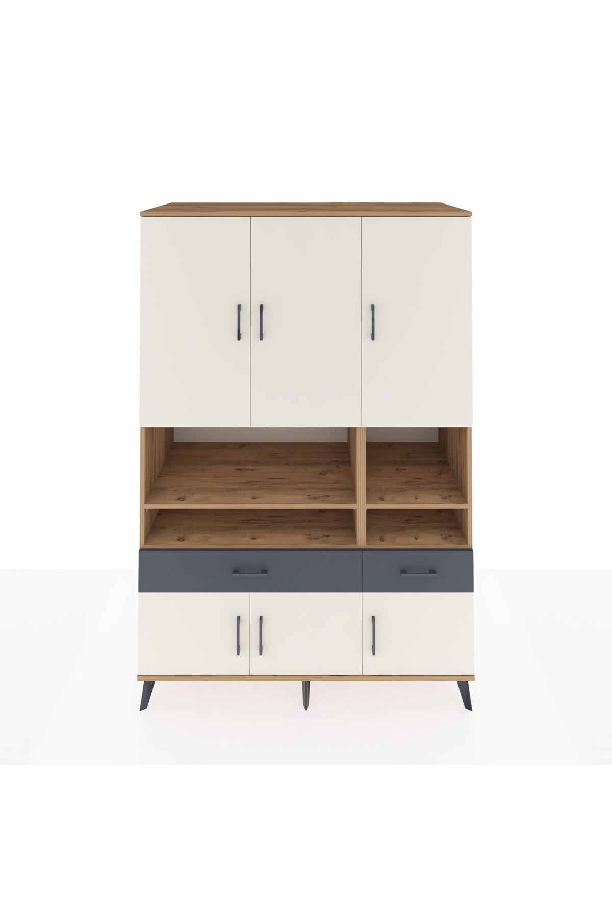 Kronos Dolap 8 Raflı 2 Çekmeceli 6 Kapaklı 132x59x195 Çam-Aytaşı/Antrasit