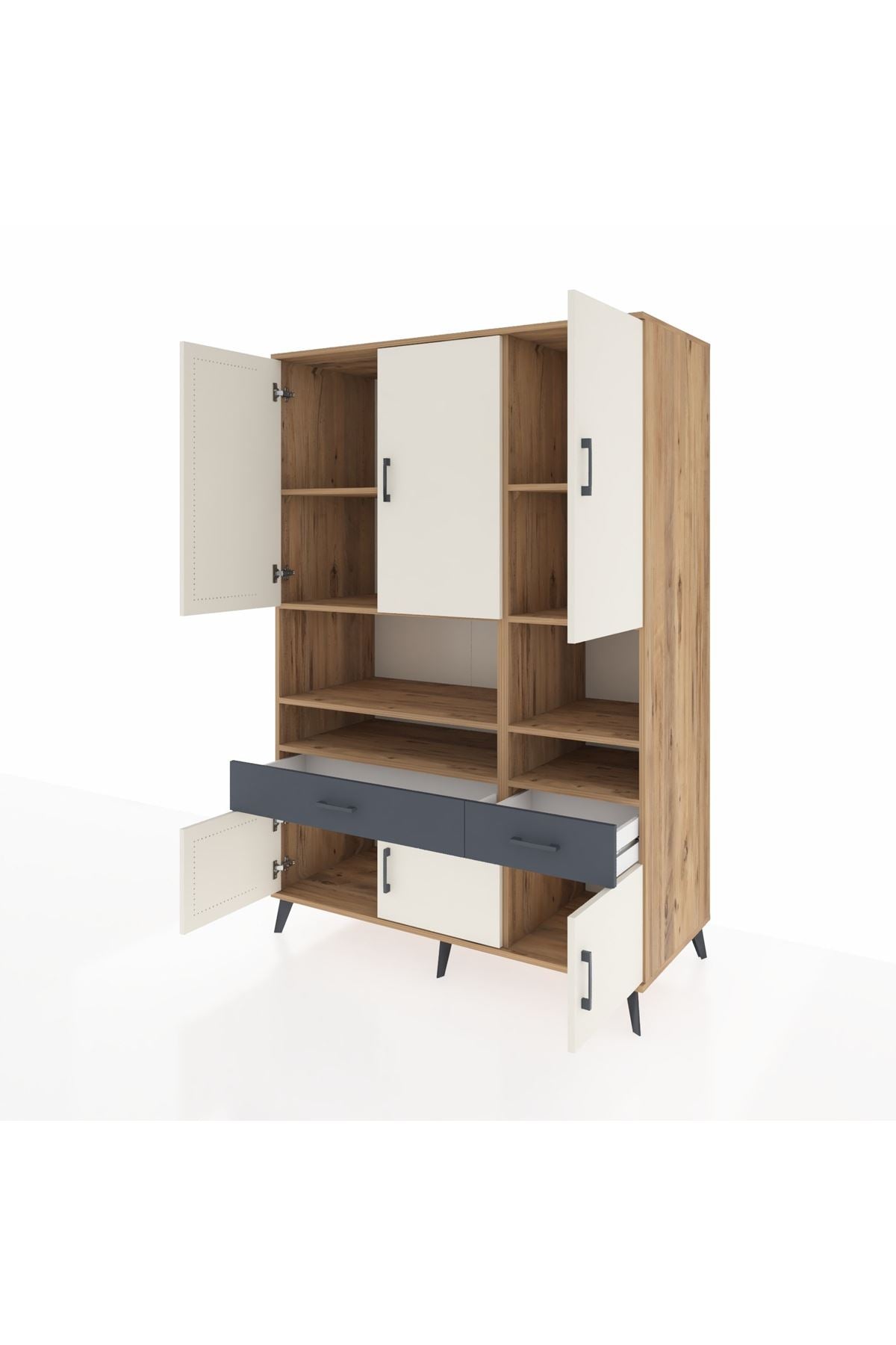 Kronos Dolap 8 Raflı 2 Çekmeceli 6 Kapaklı 132x59x195 Çam-Aytaşı/Antrasit