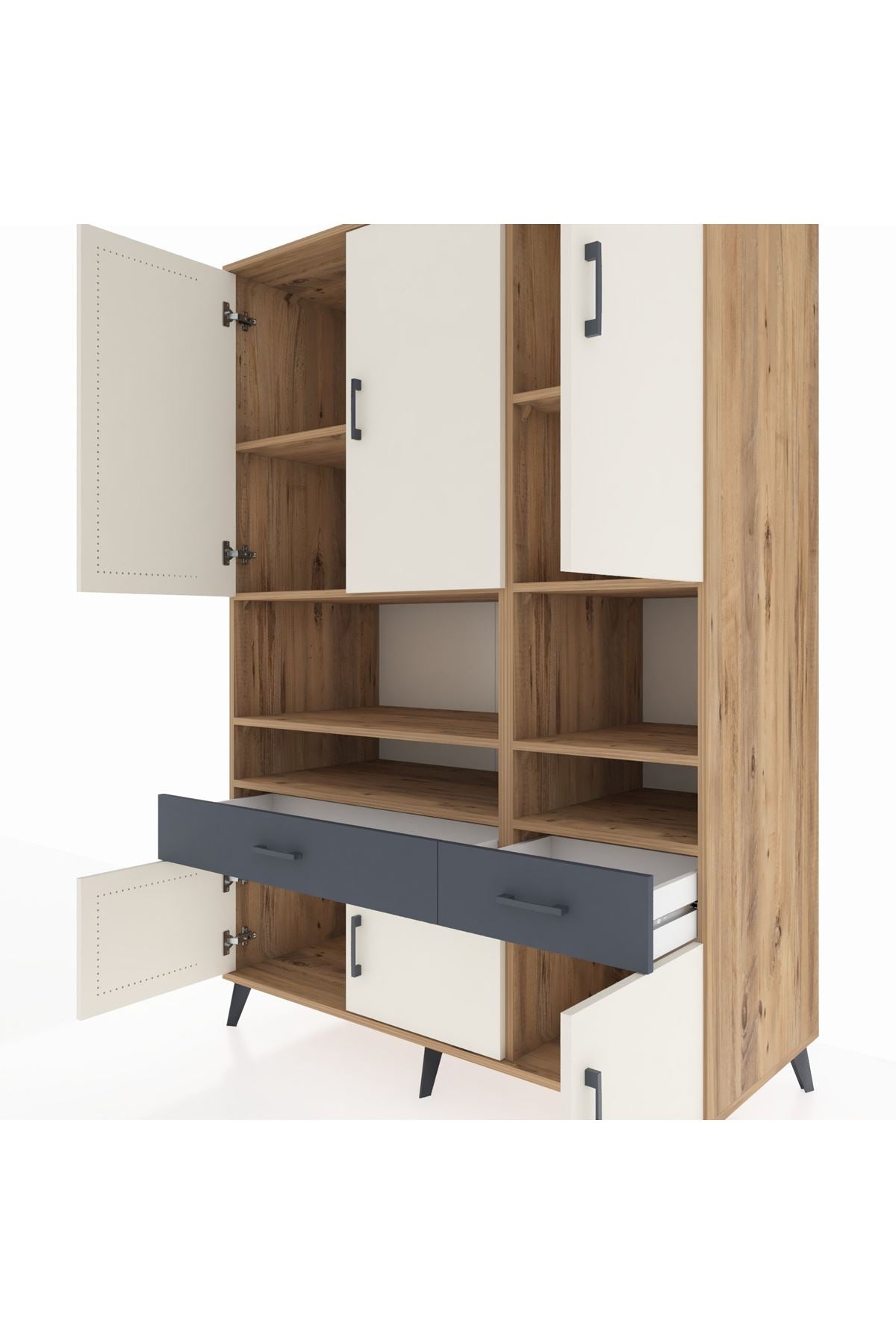 Kronos Dolap 8 Raflı 2 Çekmeceli 6 Kapaklı 132x59x195 Çam-Aytaşı/Antrasit