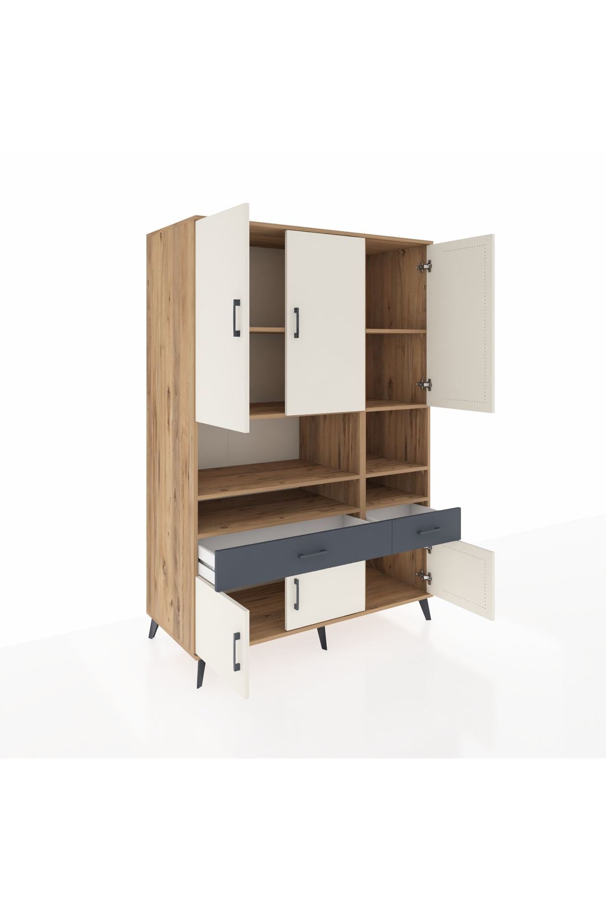 Kronos Dolap 8 Raflı 2 Çekmeceli 6 Kapaklı 132x59x195 Çam-Aytaşı/Antrasit