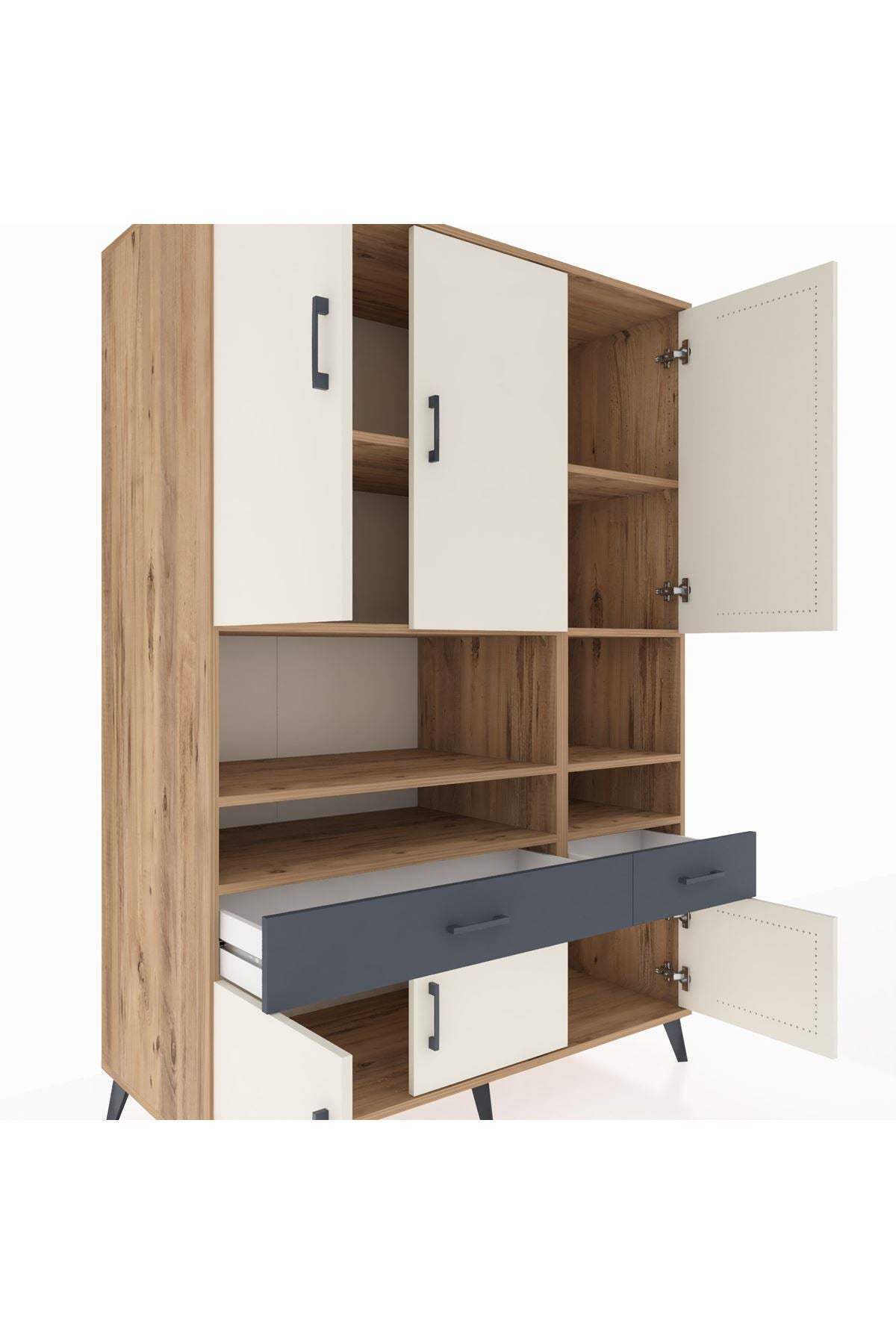 Kronos Dolap 8 Raflı 2 Çekmeceli 6 Kapaklı 132x59x195 Çam-Aytaşı/Antrasit