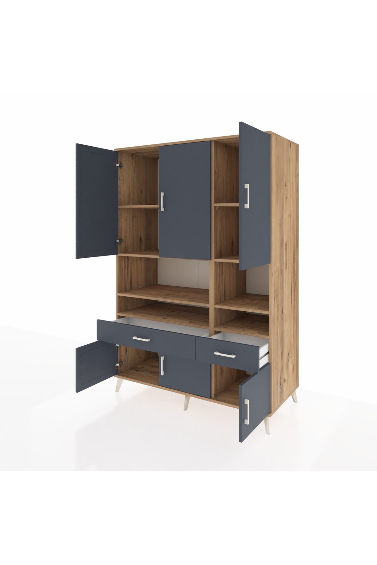 Kronos Dolap 8 Raflı 2 Çekmeceli 6 Kapaklı 132x59x195 Çam-Antrasit/Antrasit