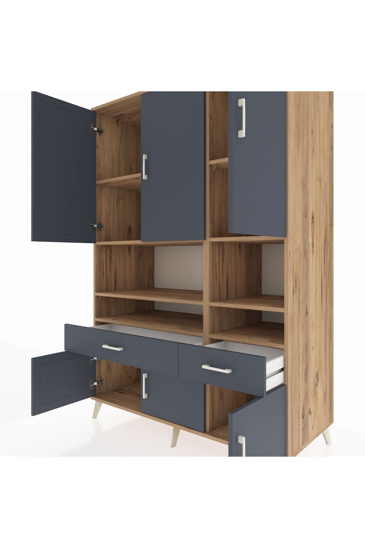 Kronos Dolap 8 Raflı 2 Çekmeceli 6 Kapaklı 132x59x195 Çam-Antrasit/Antrasit