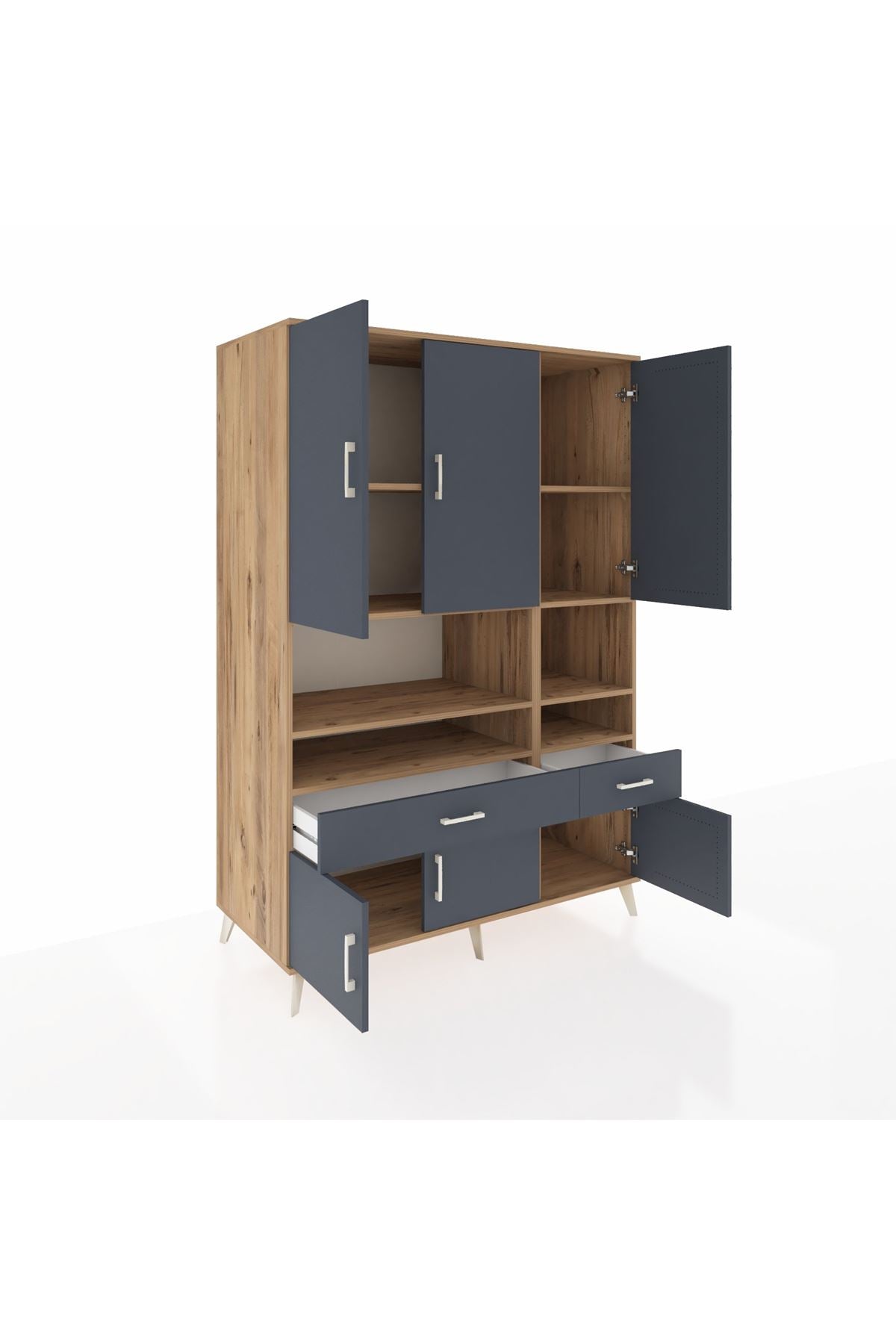 Kronos Dolap 8 Raflı 2 Çekmeceli 6 Kapaklı 132x59x195 Çam-Antrasit/Antrasit