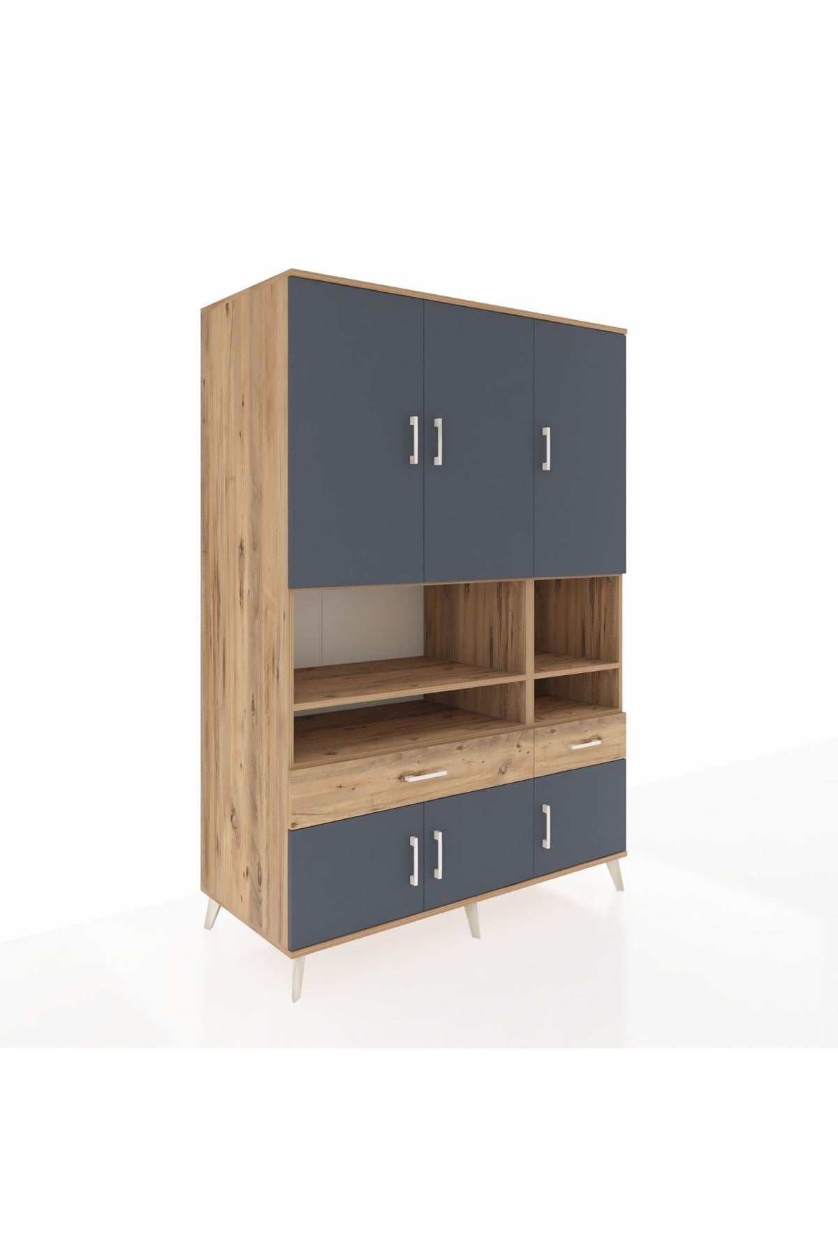 Kronos Dolap 8 Raflı 2 Çekmeceli 6 Kapaklı 132x59x195 Çam-Antrasit/Çam