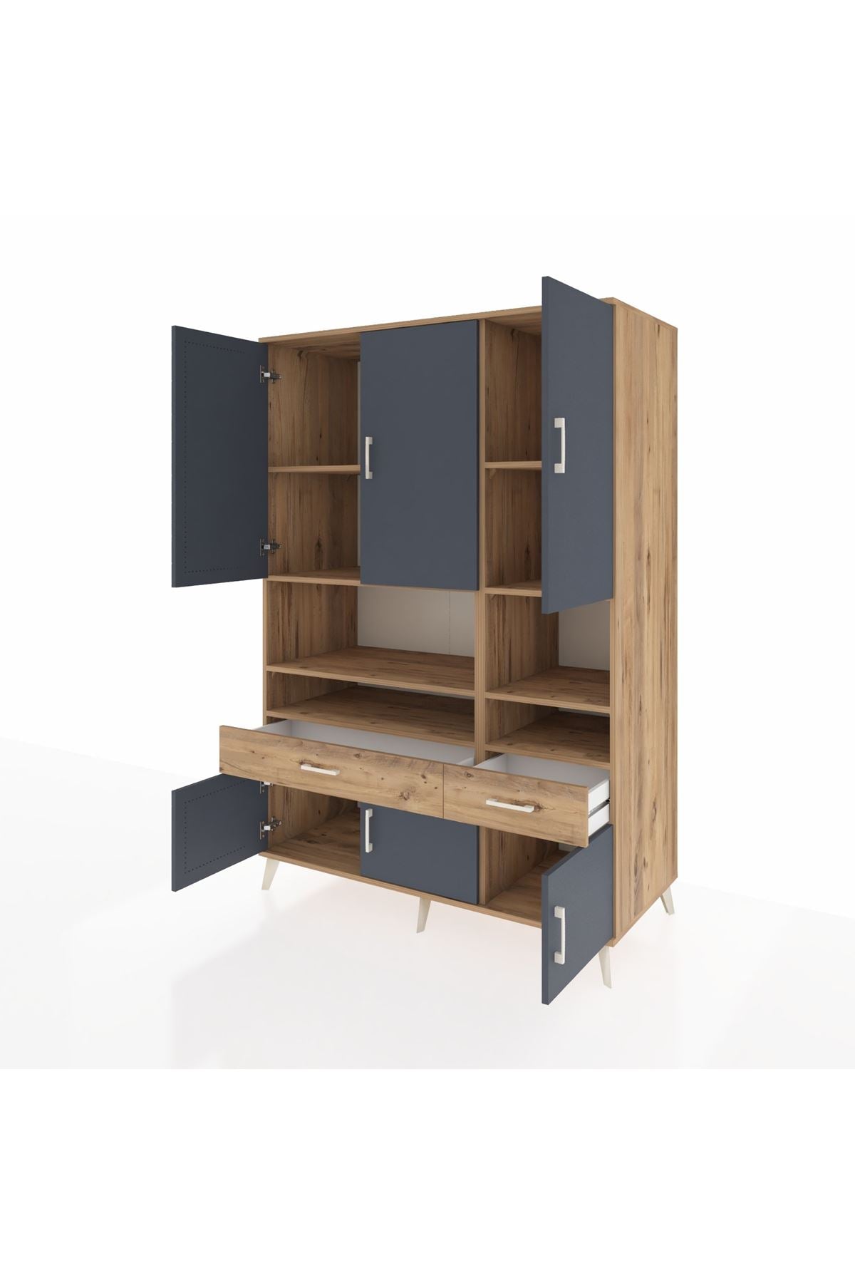 Kronos Dolap 8 Raflı 2 Çekmeceli 6 Kapaklı 132x59x195 Çam-Antrasit/Çam