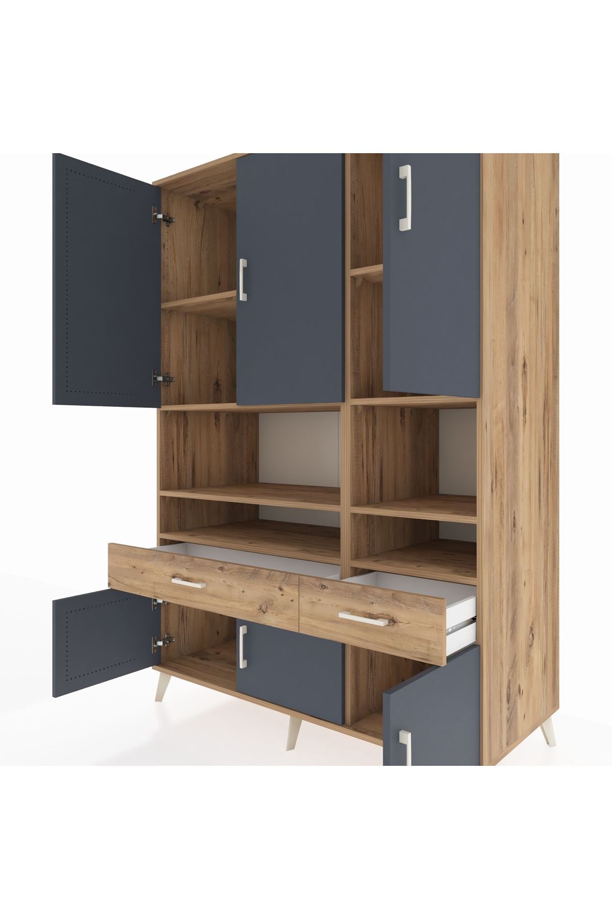 Kronos Dolap 8 Raflı 2 Çekmeceli 6 Kapaklı 132x59x195 Çam-Antrasit/Çam