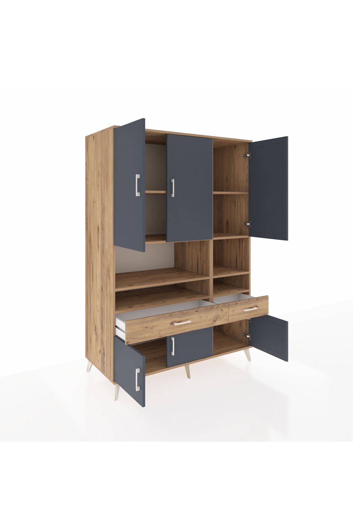 Kronos Dolap 8 Raflı 2 Çekmeceli 6 Kapaklı 132x59x195 Çam-Antrasit/Çam