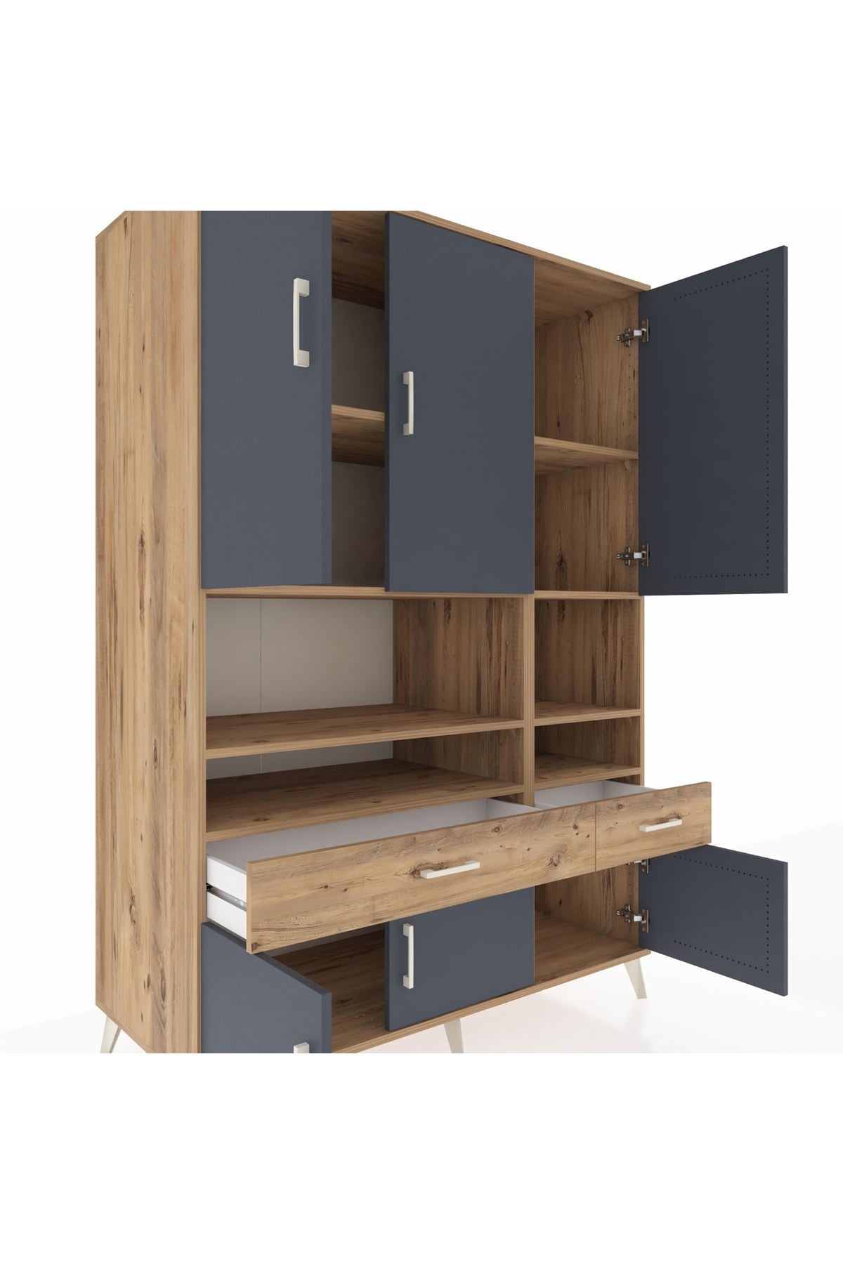 Kronos Dolap 8 Raflı 2 Çekmeceli 6 Kapaklı 132x59x195 Çam-Antrasit/Çam