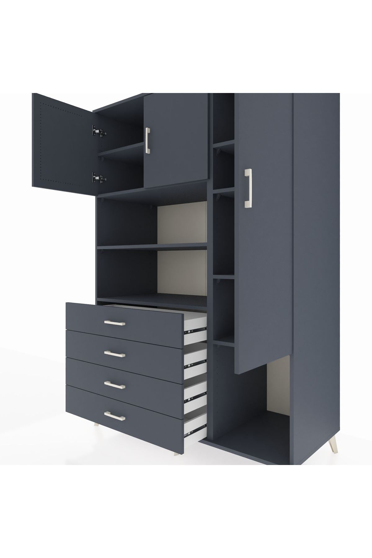 Kronos Dolap 8 Raflı 4 Çekmeceli 3 Kapaklı 132x59x195 Antrasit-Antrasit/Antrasit