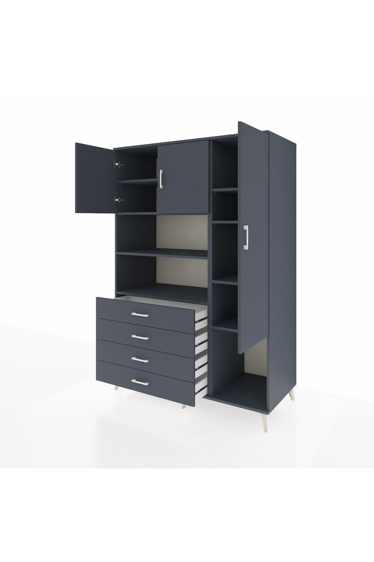 Kronos Dolap 8 Raflı 4 Çekmeceli 3 Kapaklı 132x59x195 Antrasit-Antrasit/Antrasit