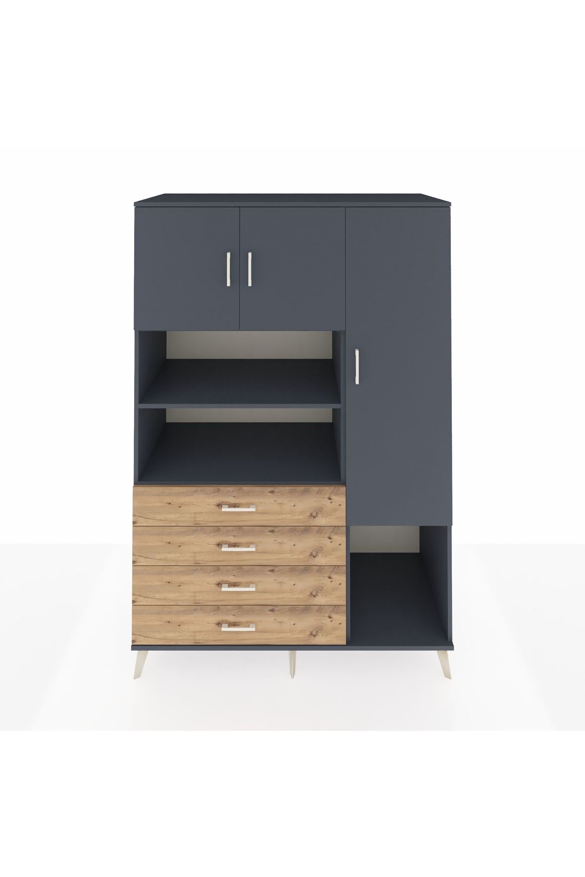 Kronos Dolap 8 Raflı 4 Çekmeceli 3 Kapaklı 132x59x195 Antrasit-Antrasit/Çam