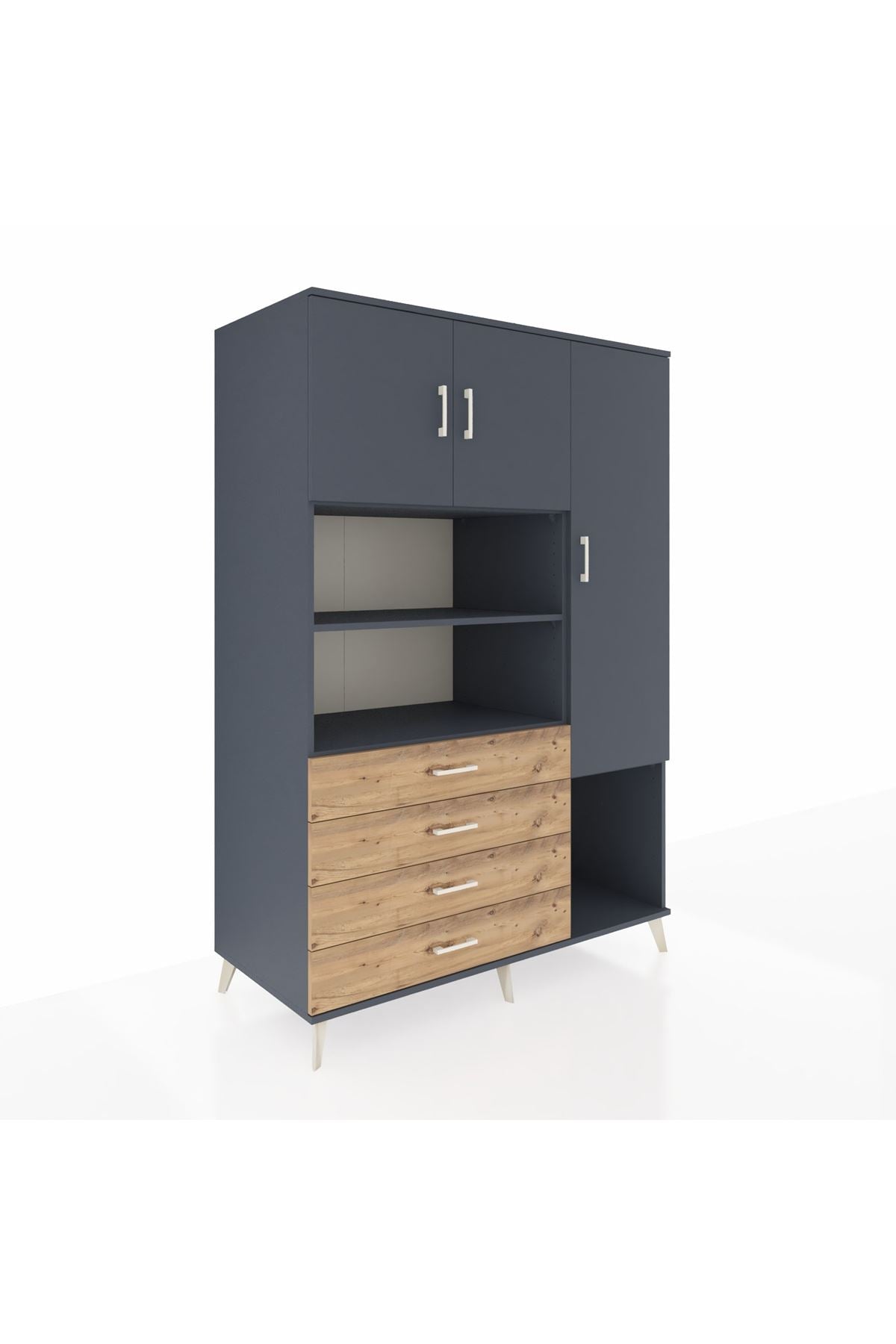 Kronos Dolap 8 Raflı 4 Çekmeceli 3 Kapaklı 132x59x195 Antrasit-Antrasit/Çam