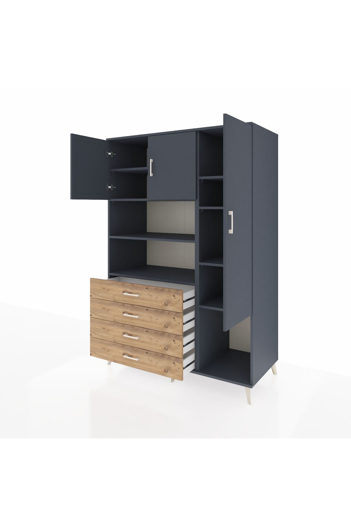 Kronos Dolap 8 Raflı 4 Çekmeceli 3 Kapaklı 132x59x195 Antrasit-Antrasit/Çam