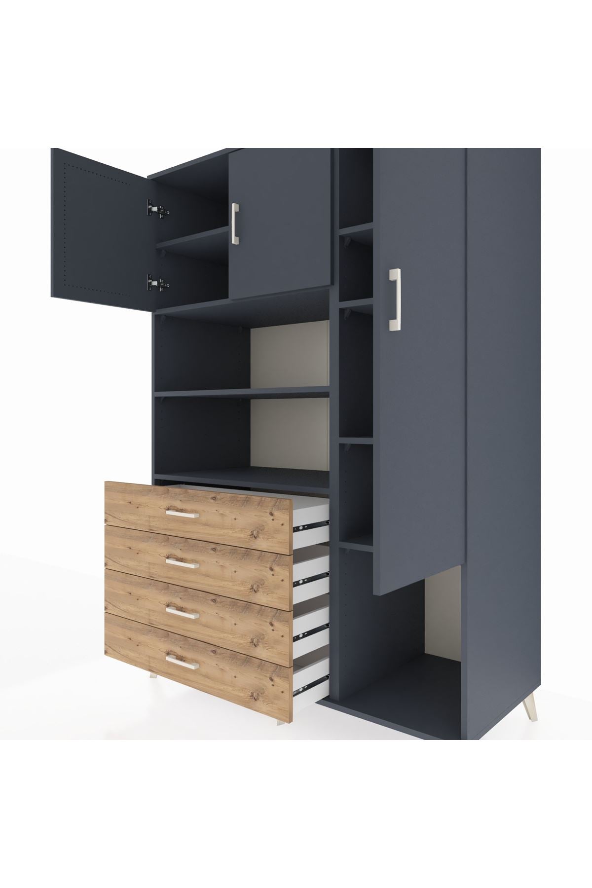 Kronos Dolap 8 Raflı 4 Çekmeceli 3 Kapaklı 132x59x195 Antrasit-Antrasit/Çam