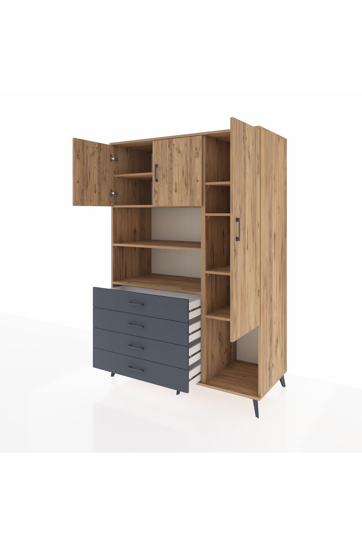 Kronos Dolap 8 Raflı 4 Çekmeceli 3 Kapaklı 132x59x195 Çam-Çam/Antrasit