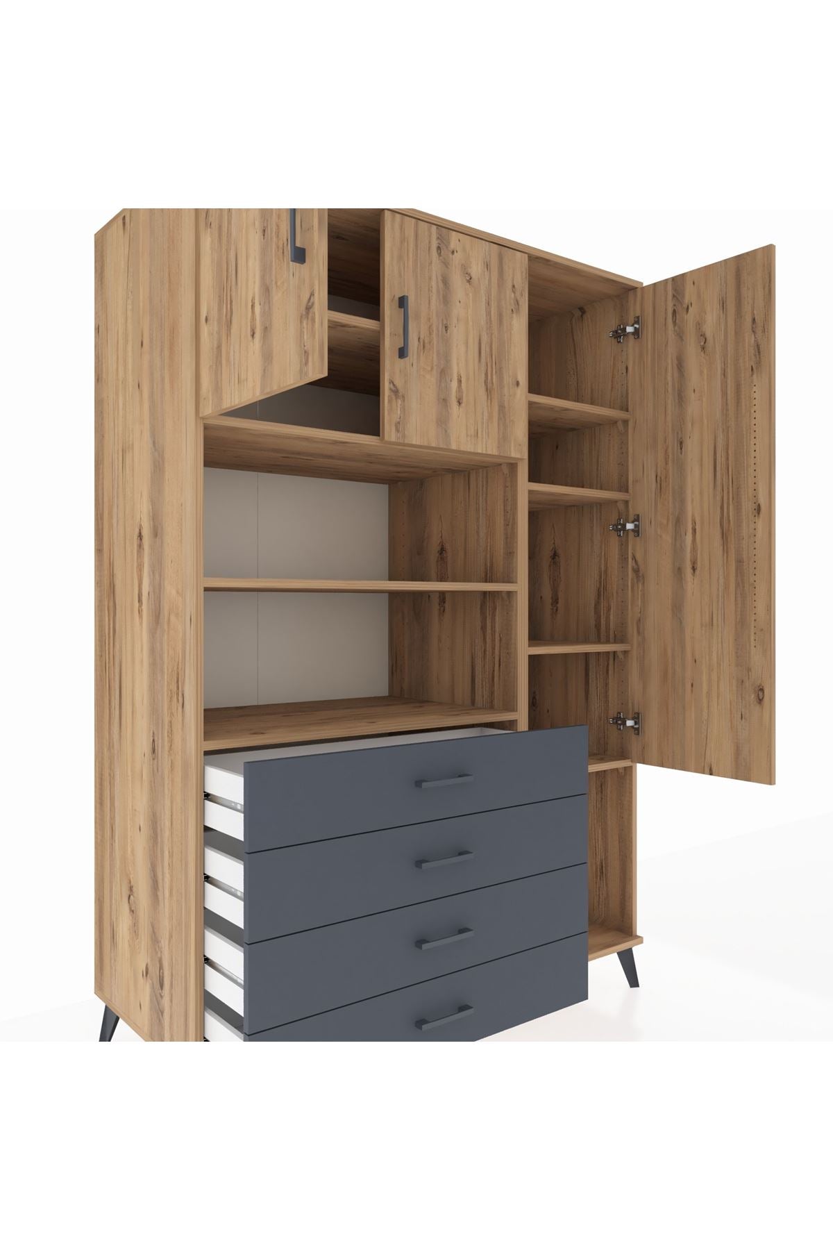 Kronos Dolap 8 Raflı 4 Çekmeceli 3 Kapaklı 132x59x195 Çam-Çam/Antrasit