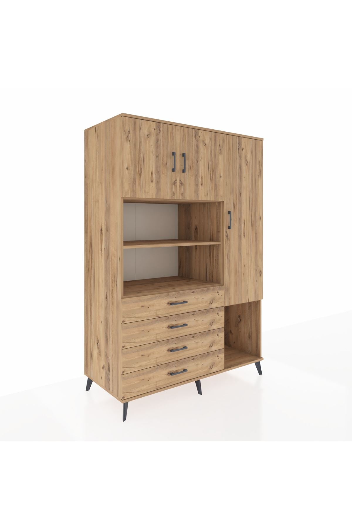 Kronos Dolap 8 Raflı 4 Çekmeceli 3 Kapaklı 132x59x195 Çam-Çam/Çam