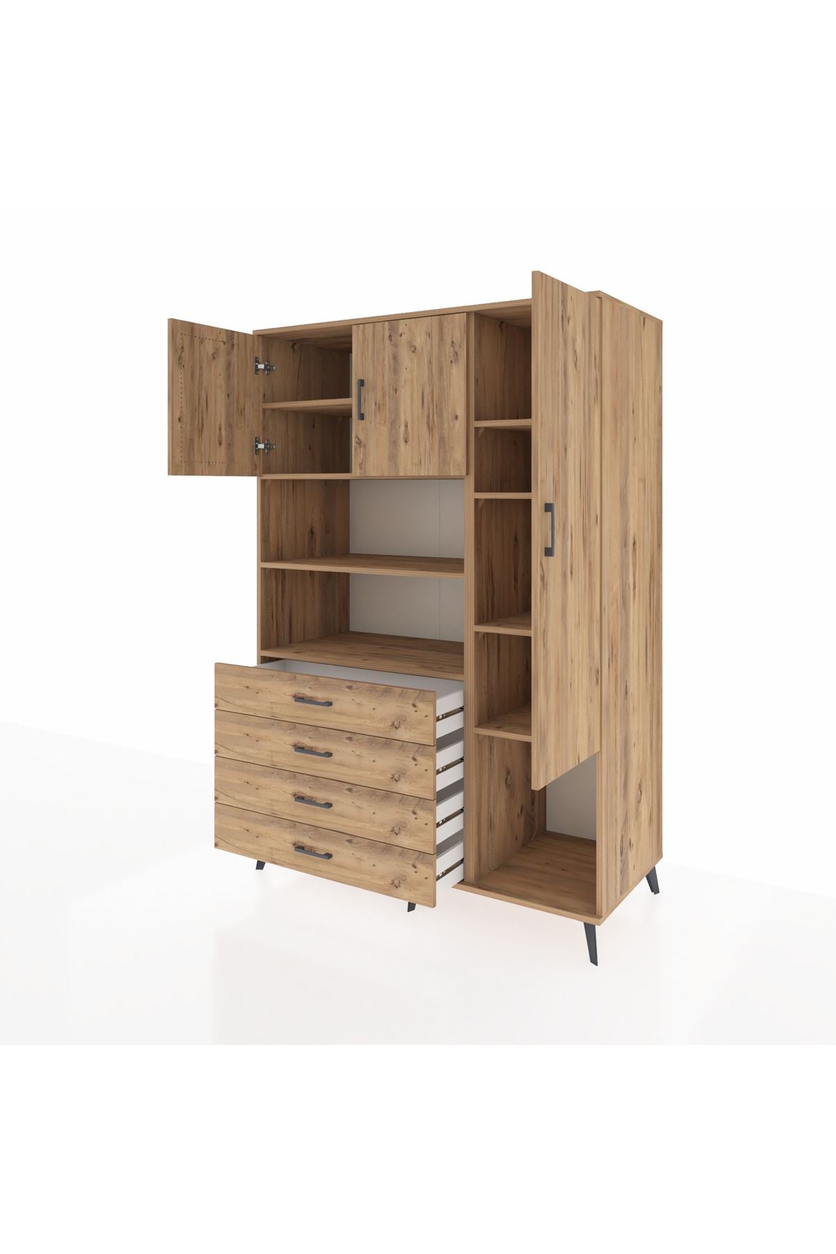 Kronos Dolap 8 Raflı 4 Çekmeceli 3 Kapaklı 132x59x195 Çam-Çam/Çam