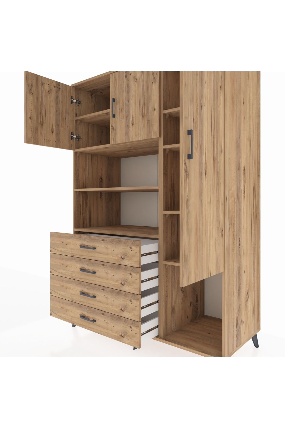 Kronos Dolap 8 Raflı 4 Çekmeceli 3 Kapaklı 132x59x195 Çam-Çam/Çam