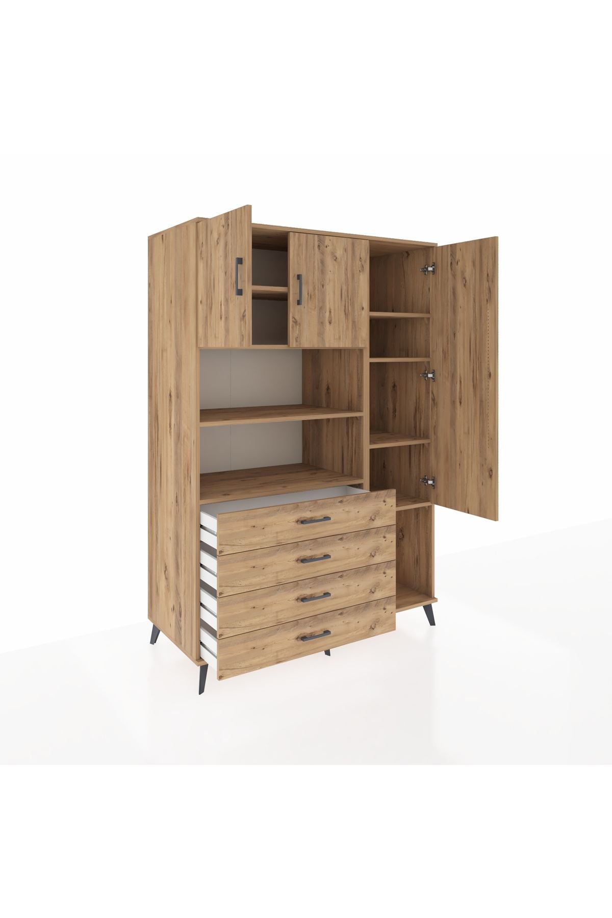 Kronos Dolap 8 Raflı 4 Çekmeceli 3 Kapaklı 132x59x195 Çam-Çam/Çam