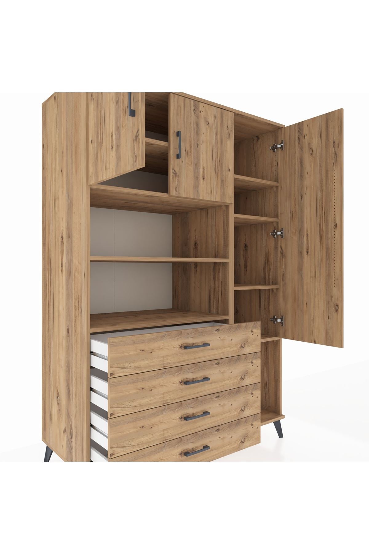 Kronos Dolap 8 Raflı 4 Çekmeceli 3 Kapaklı 132x59x195 Çam-Çam/Çam