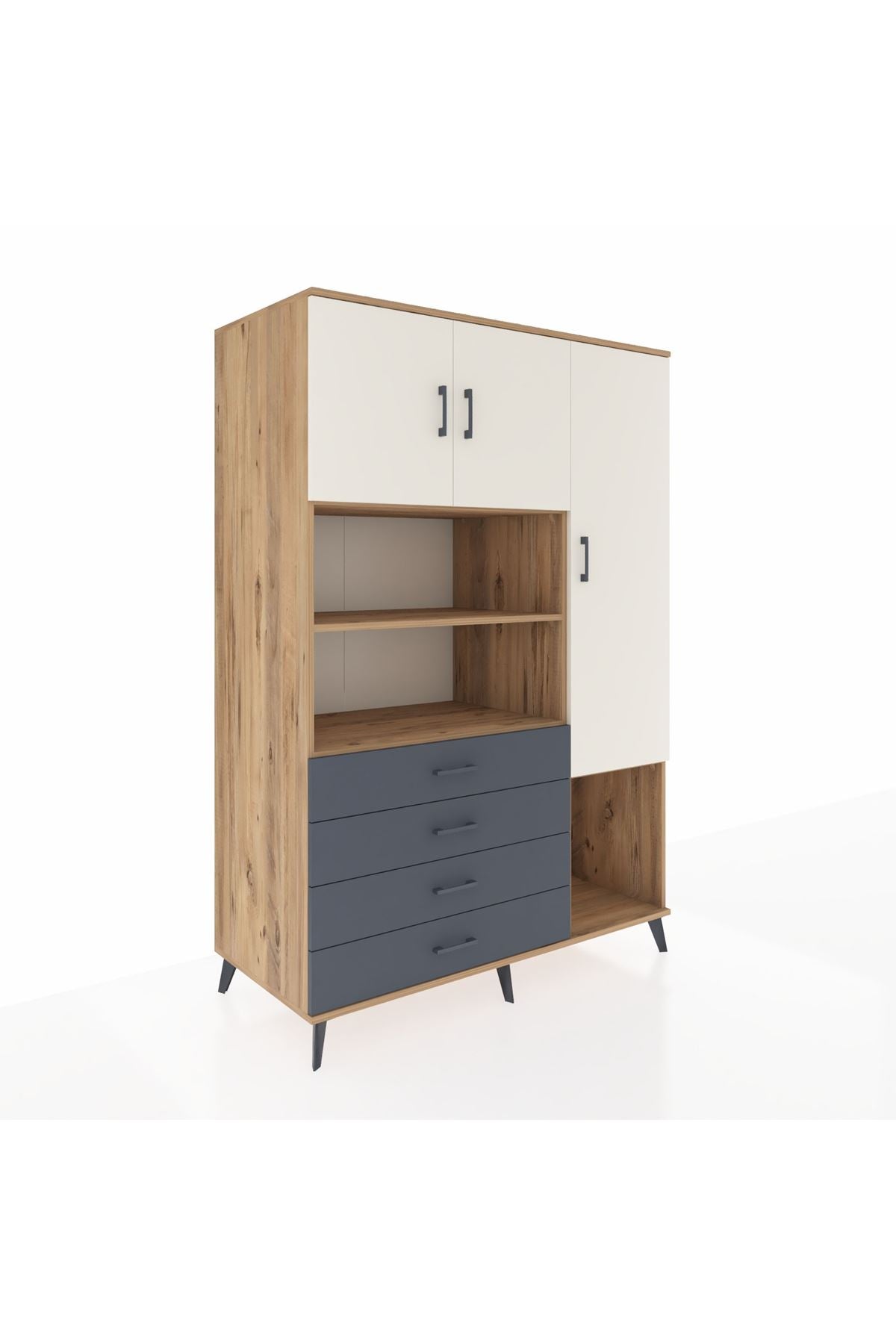 Kronos Dolap 8 Raflı 4 Çekmeceli 3 Kapaklı 132x59x195 Çam-Aytaşı/Antrasit