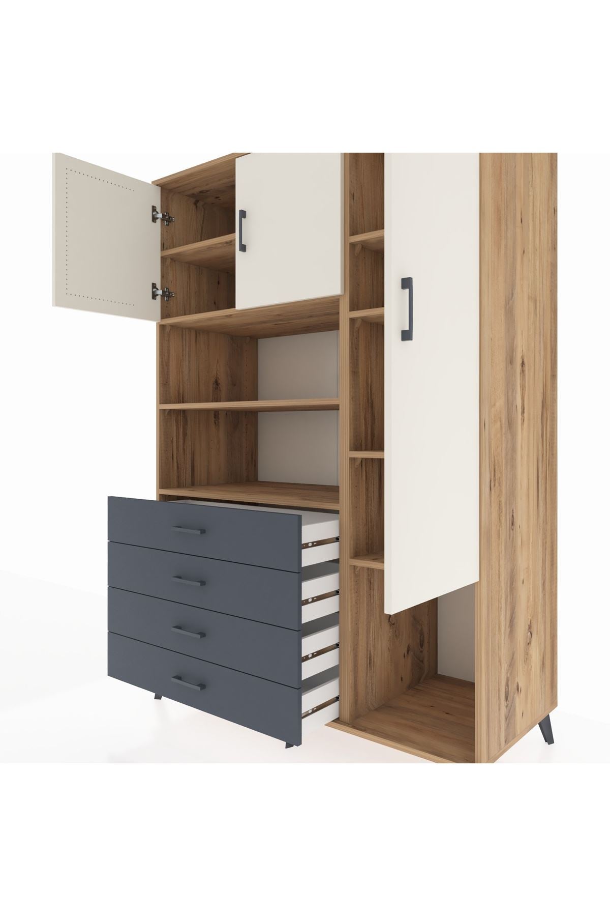 Kronos Dolap 8 Raflı 4 Çekmeceli 3 Kapaklı 132x59x195 Çam-Aytaşı/Antrasit