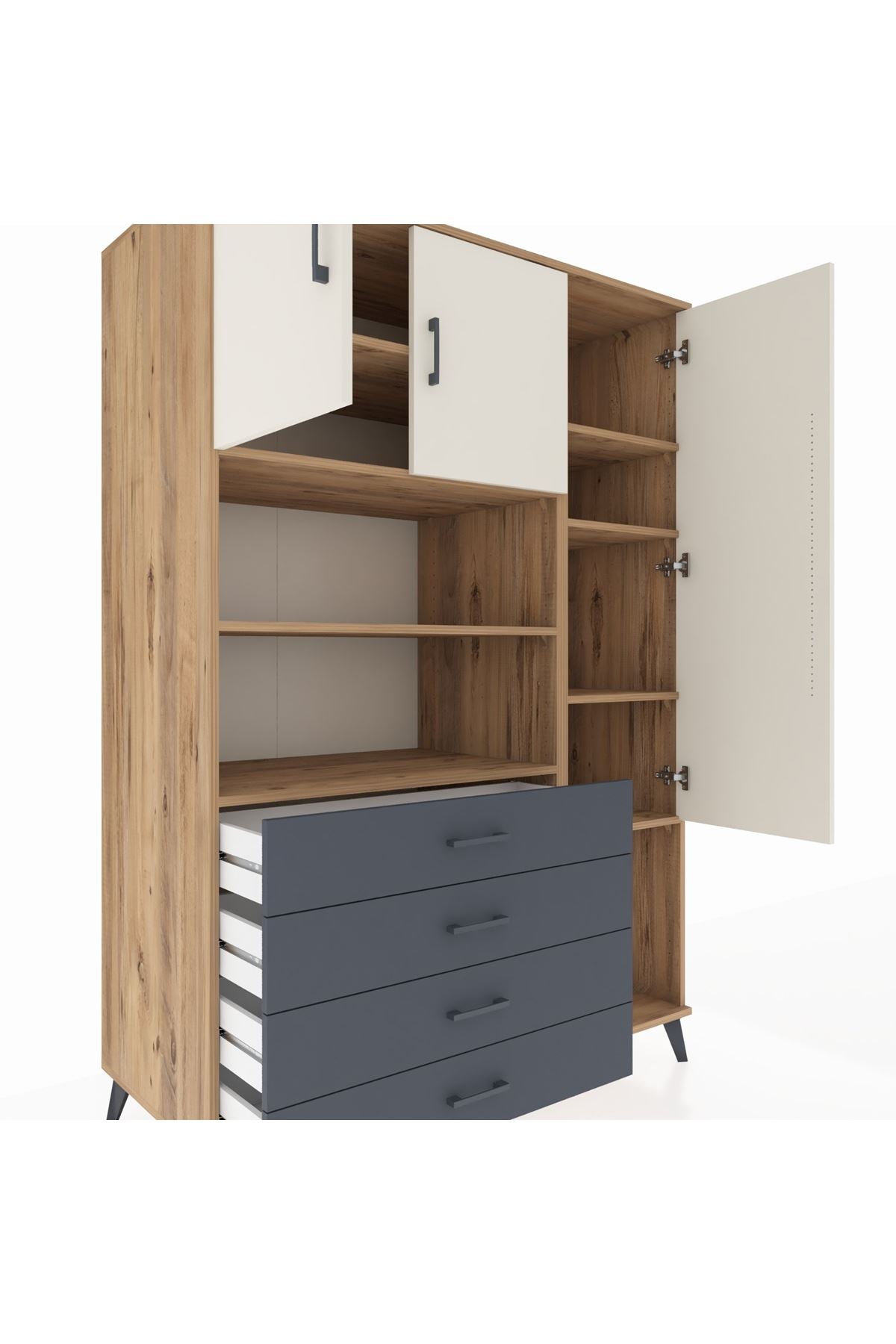 Kronos Dolap 8 Raflı 4 Çekmeceli 3 Kapaklı 132x59x195 Çam-Aytaşı/Antrasit