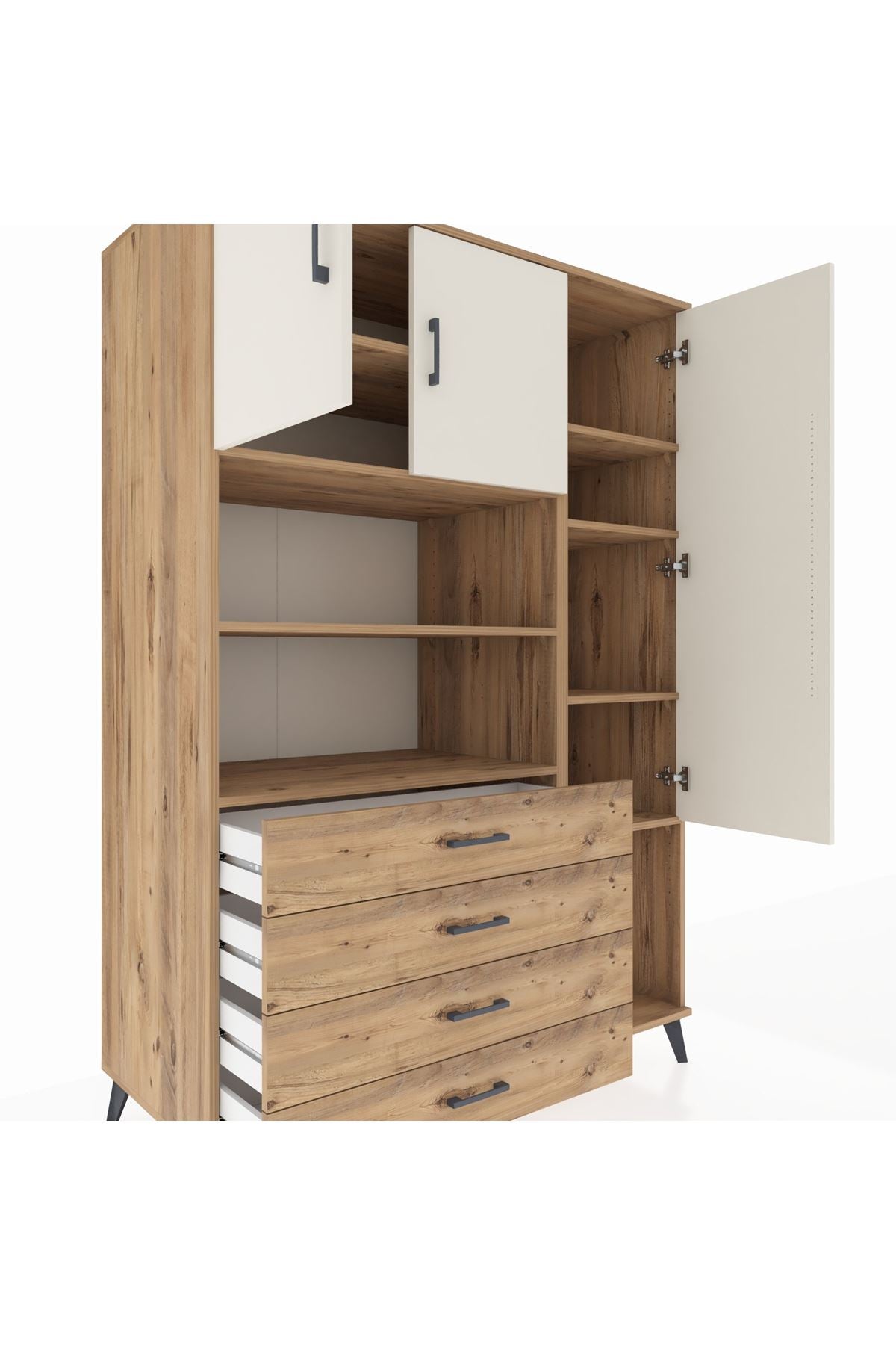 Kronos Dolap 8 Raflı 4 Çekmeceli 3 Kapaklı 132x59x195 Çam-Aytaşı/Çam