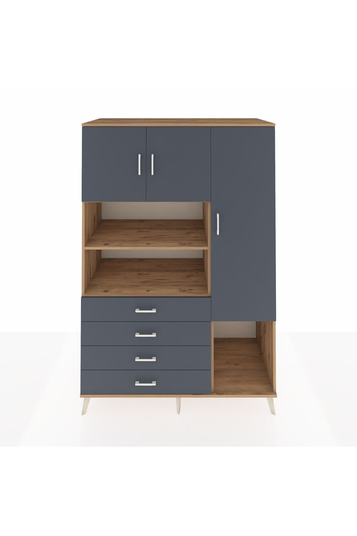 Kronos Dolap 8 Raflı 4 Çekmeceli 3 Kapaklı 132x59x195 Çam-Antrasit/Antrasit