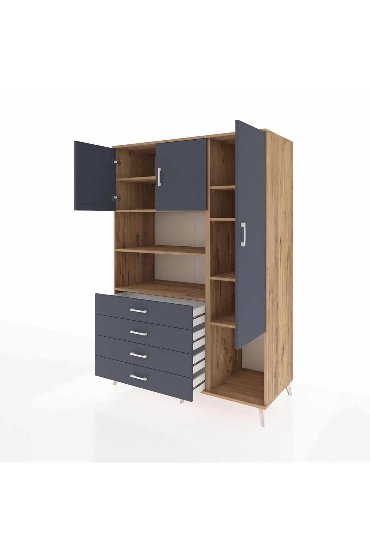 Kronos Dolap 8 Raflı 4 Çekmeceli 3 Kapaklı 132x59x195 Çam-Antrasit/Antrasit