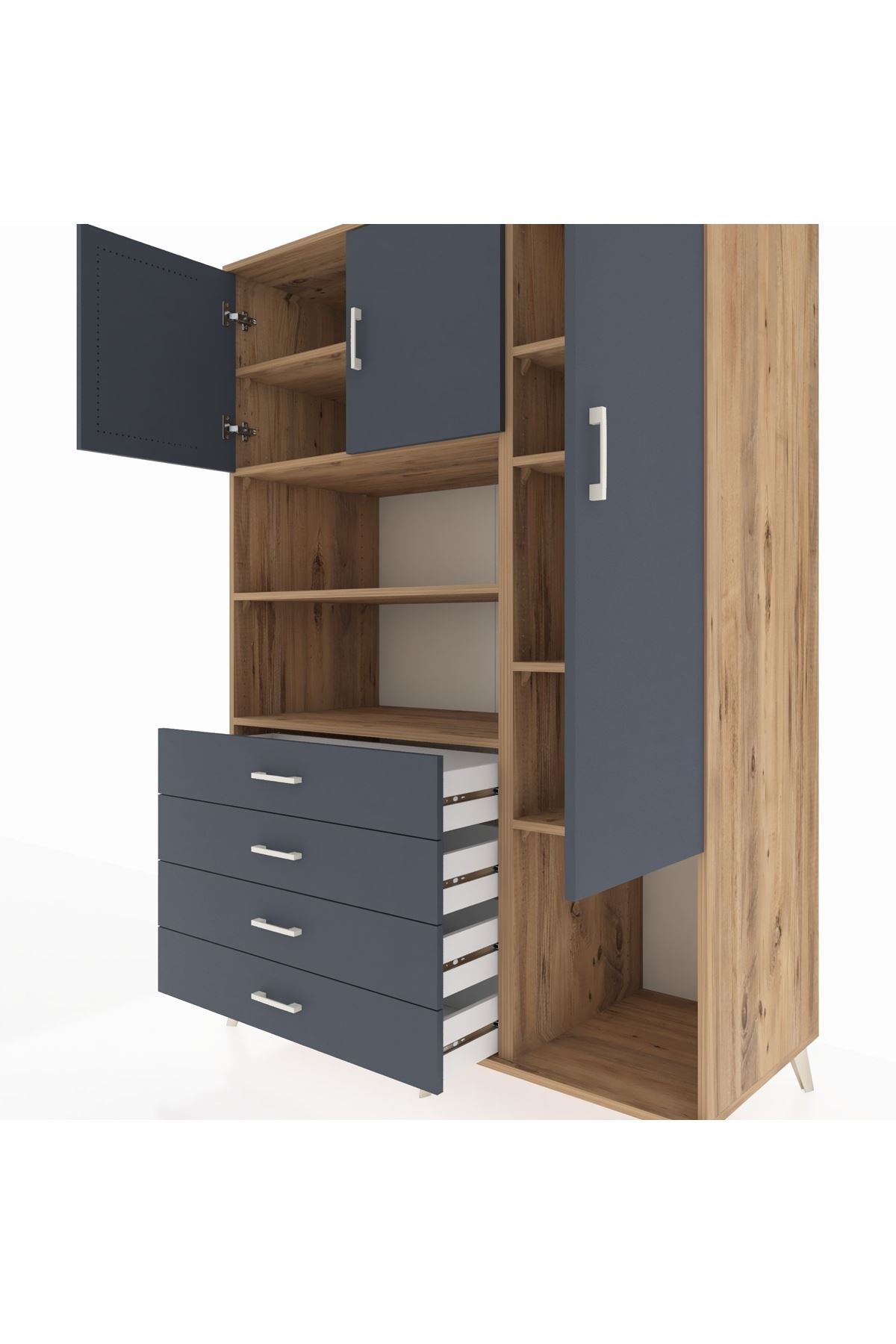 Kronos Dolap 8 Raflı 4 Çekmeceli 3 Kapaklı 132x59x195 Çam-Antrasit/Antrasit