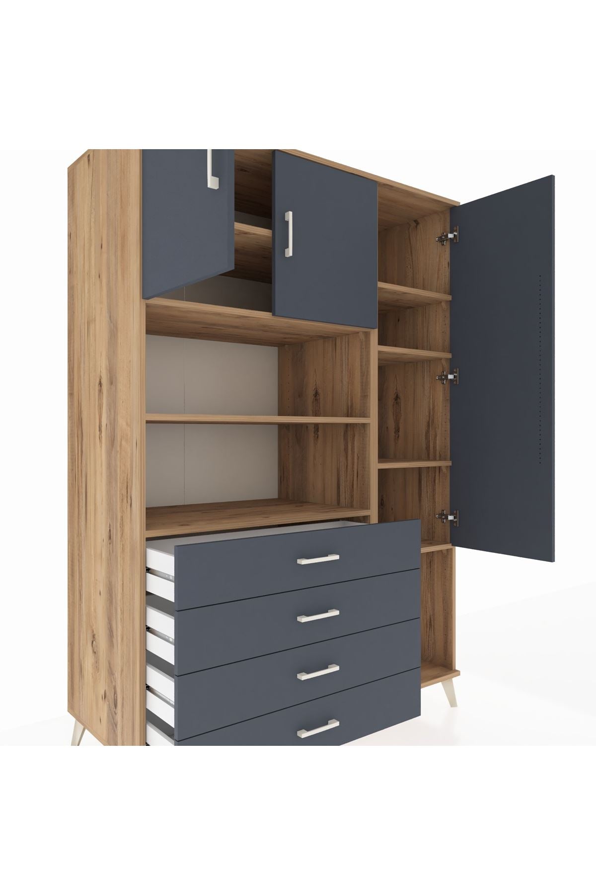 Kronos Dolap 8 Raflı 4 Çekmeceli 3 Kapaklı 132x59x195 Çam-Antrasit/Antrasit