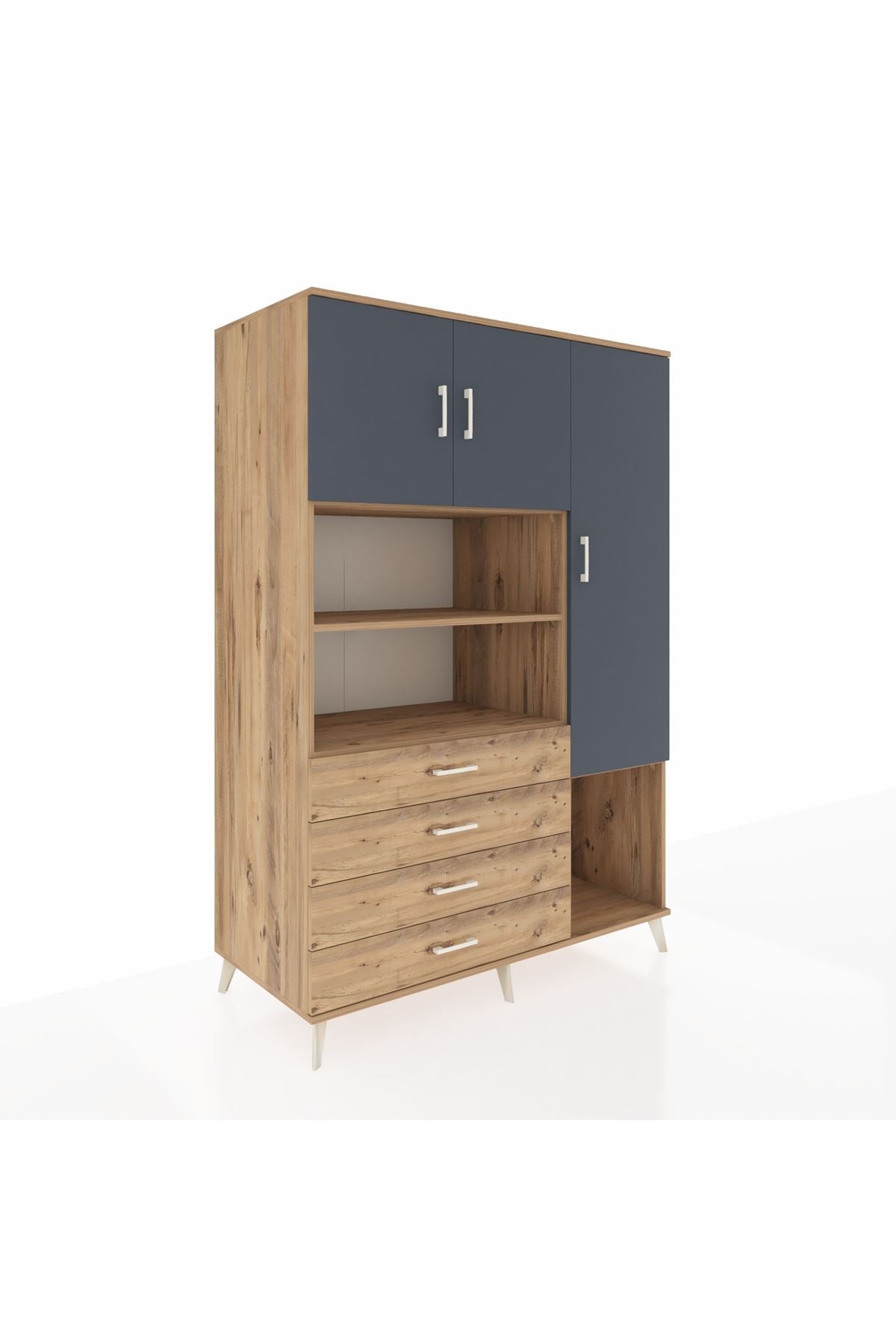 Kronos Dolap 8 Raflı 4 Çekmeceli 3 Kapaklı 132x59x195 Çam-Antrasit/Çam