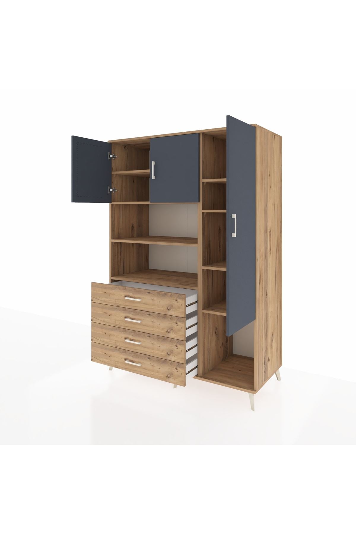 Kronos Dolap 8 Raflı 4 Çekmeceli 3 Kapaklı 132x59x195 Çam-Antrasit/Çam